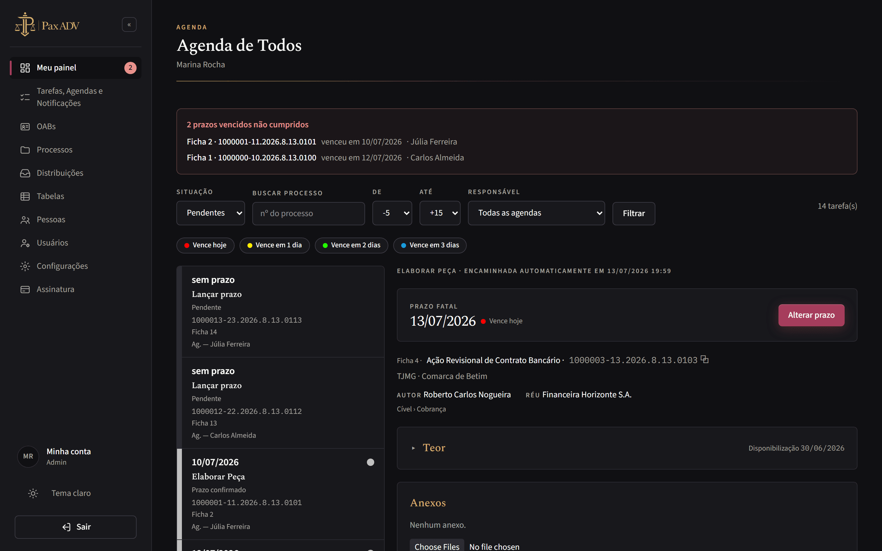 Painel da plataforma Pax ADV